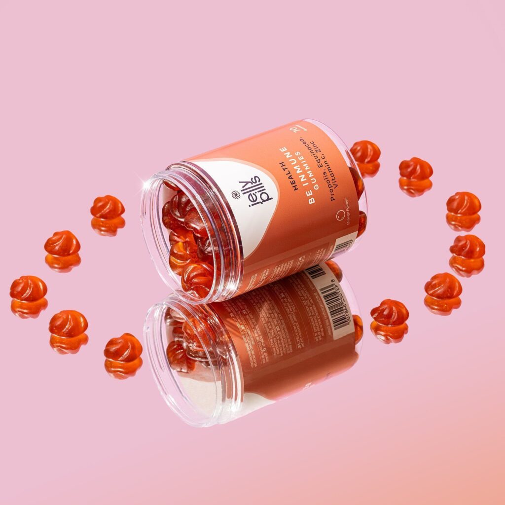 fotografia de gominolas de la marca jelly pills de suplementos. Capturando la Esencia fotógrafo comercial de producto y gastronómico para redes sociales y publicidad